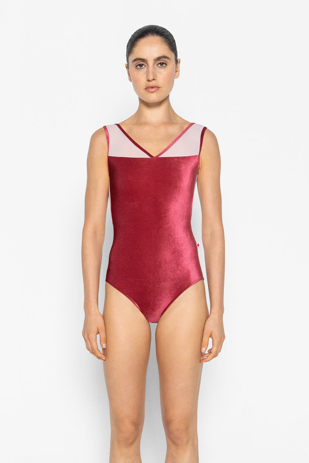 Masha leotard in V-Cerise body color with Mesh Rose top color and V-Cerise trim color