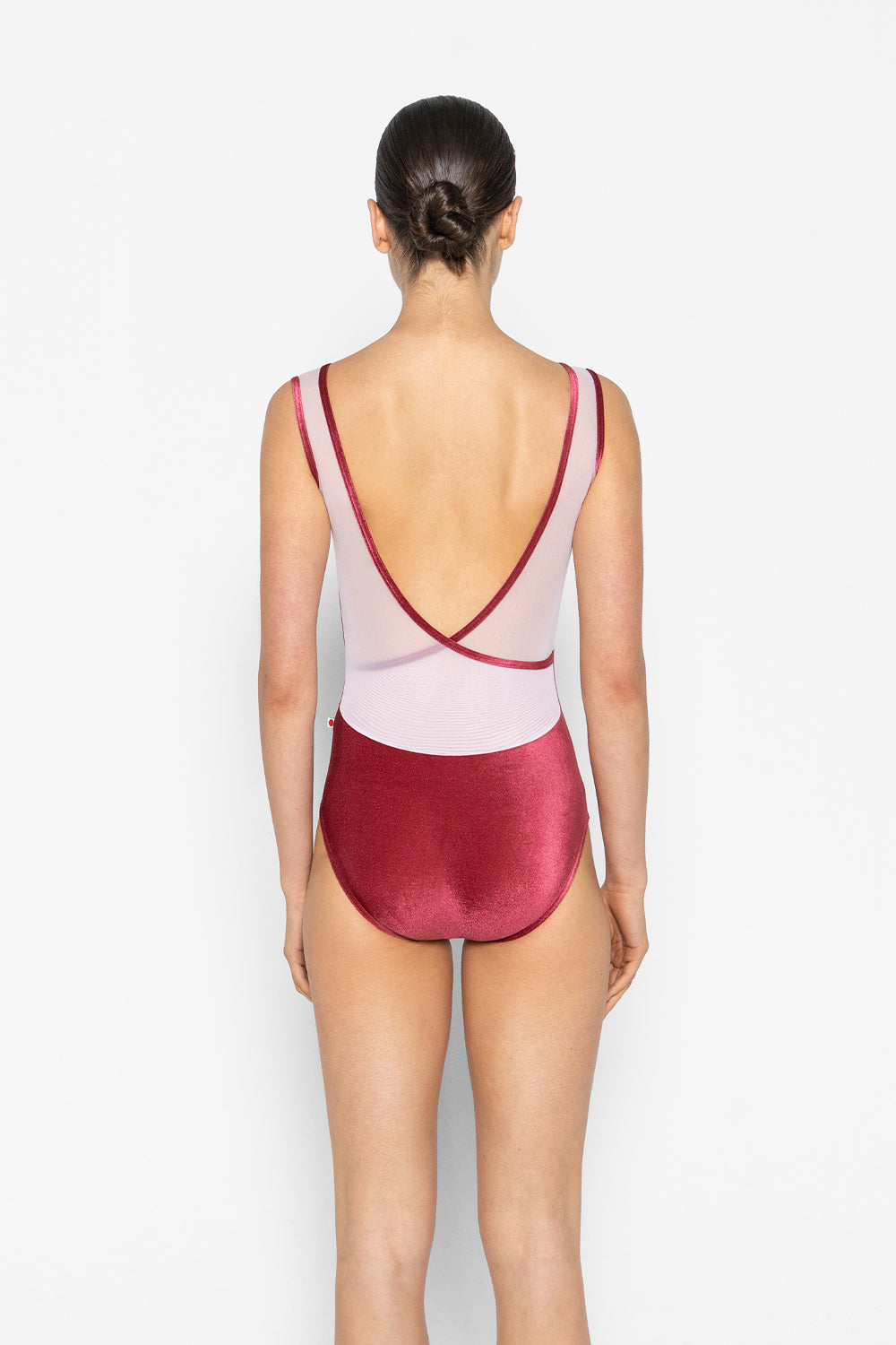 Masha leotard in V-Cerise body color with Mesh Rose top color and V-Cerise trim color