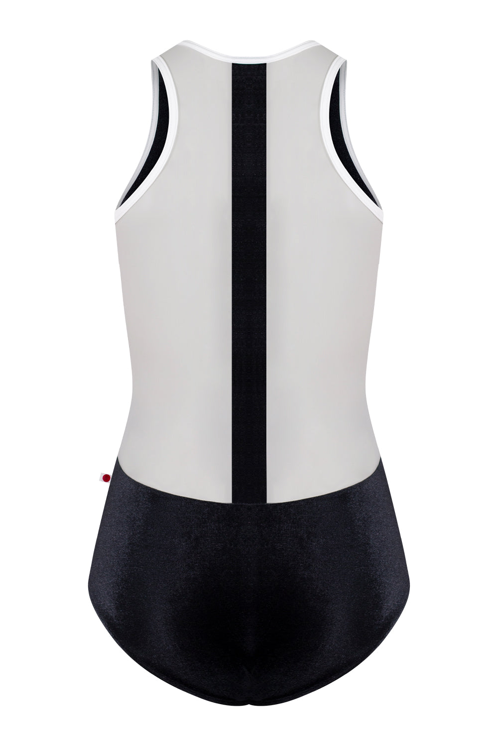 Sasha leotard in V-Black body color with Mesh White top color and T-White trim & zipper color