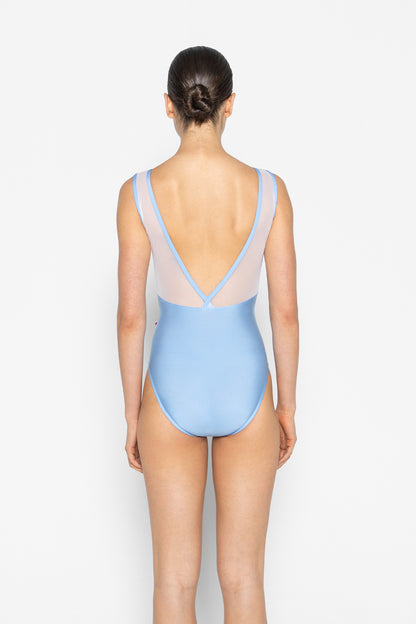Alicia leotard in N-Moontide body color with V-White & Mesh White top color and N-Moontide trim color