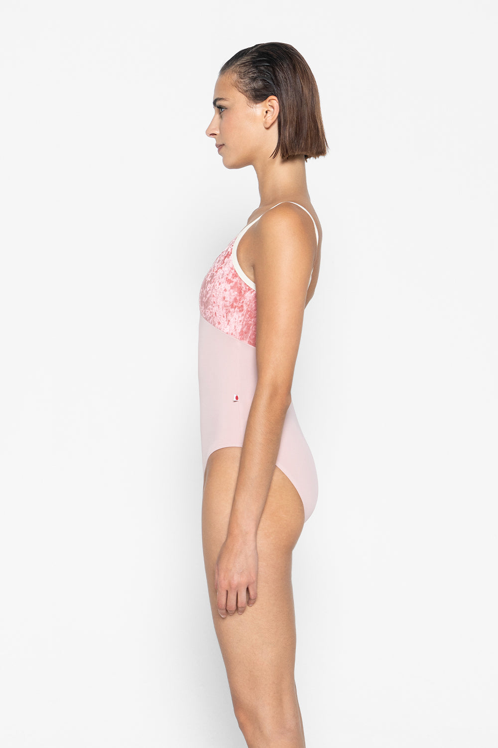 Daria leotard in T-Petal body color with CV-Romance top color and N-Pearl trim color