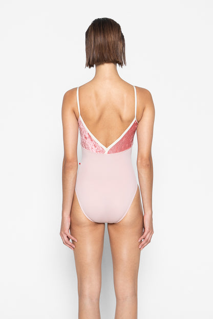 Daria leotard in T-Petal body color with CV-Romance top color and N-Pearl trim color