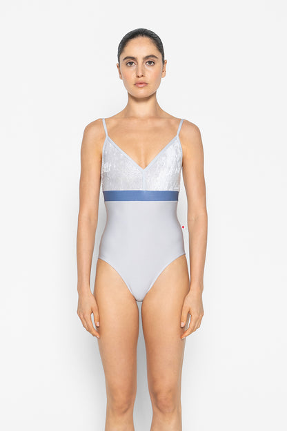 Zoe leotard in N-Silver body & trim color with CV-Silver top color and N-Arctic middle band color