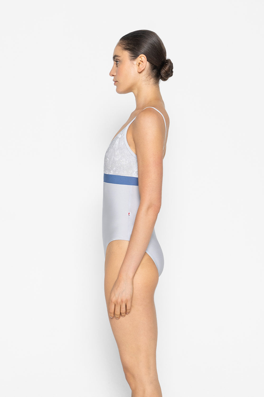 Zoe leotard in N-Silver body & trim color with CV-Silver top color and N-Arctic middle band color