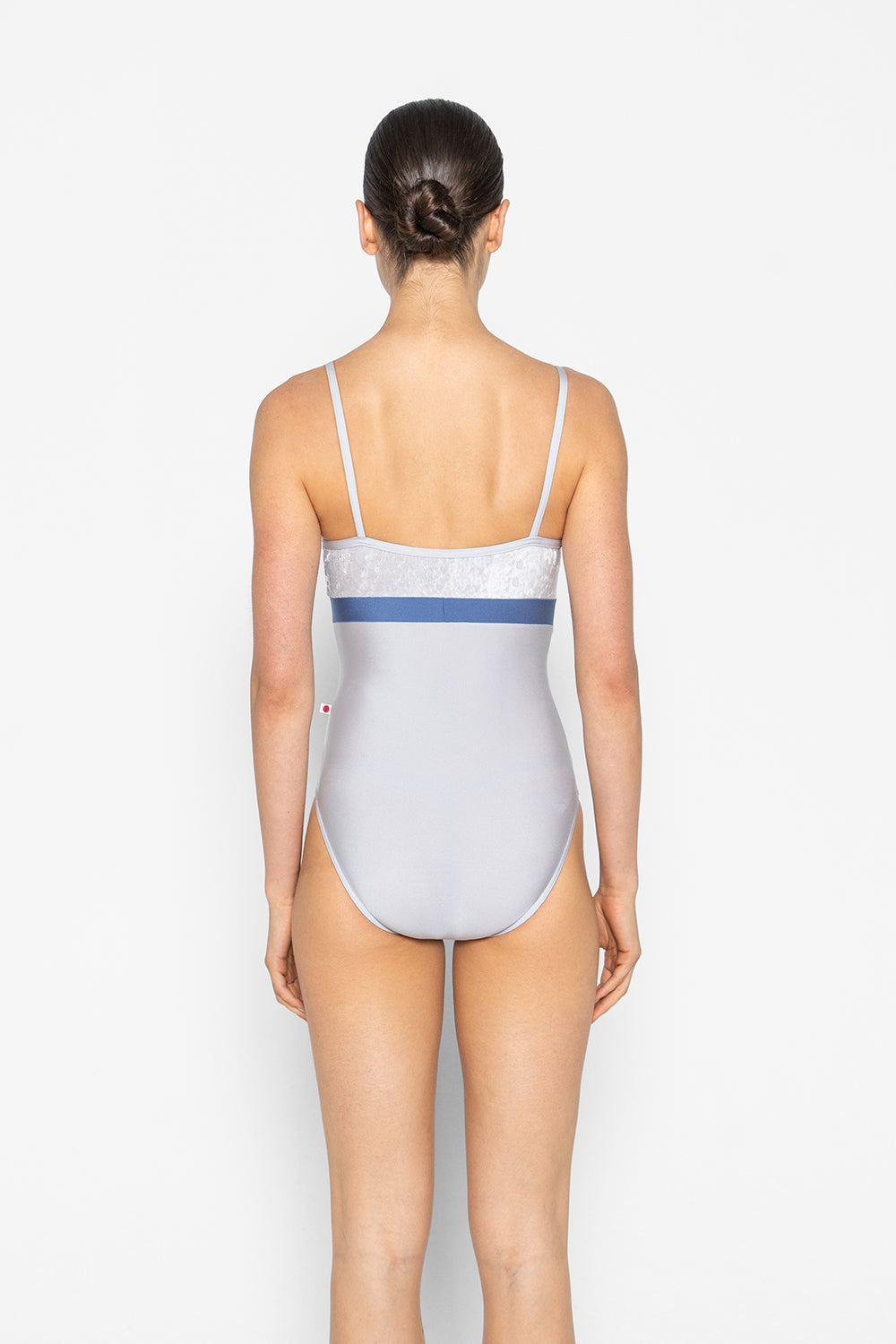 Zoe leotard in N-Silver body & trim color with CV-Silver top color and N-Arctic middle band color