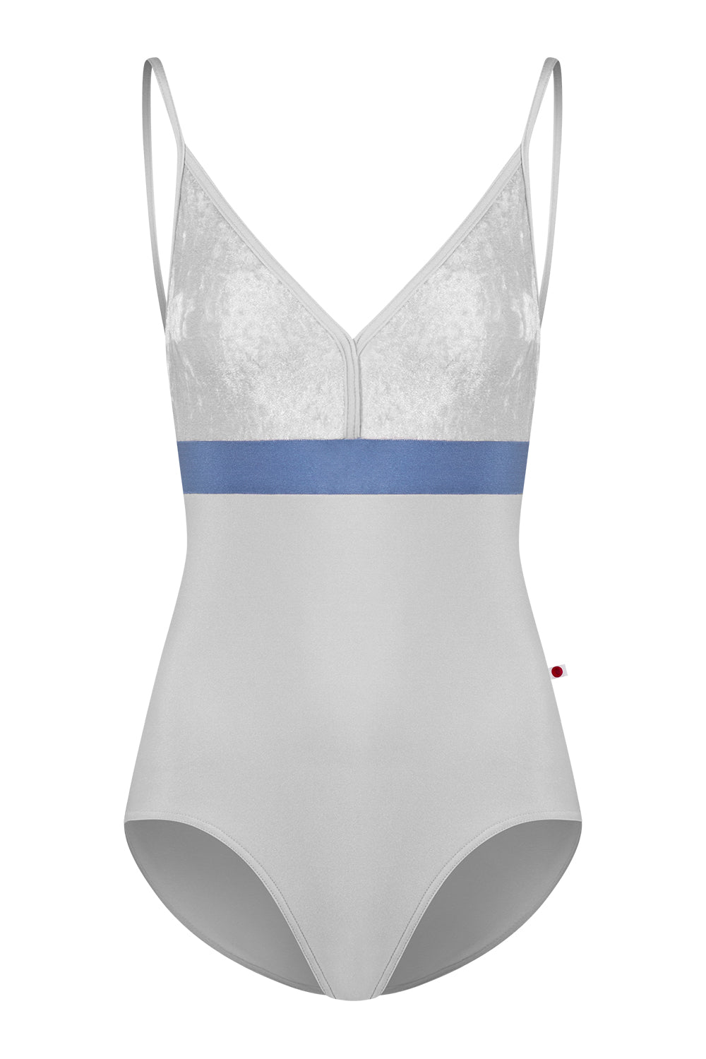 Zoe leotard in N-Silver body & trim color with CV-Silver top color and N-Arctic middle band color
