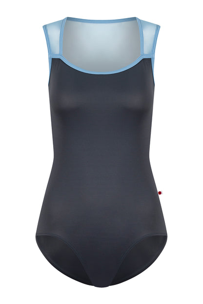 Becky leotard in T-Titanium body color with Mesh Glacier top color and T-Bluebell trim color