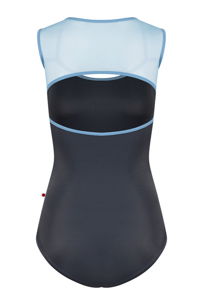 Becky leotard in T-Titanium body color with Mesh Glacier top color and T-Bluebell trim color
