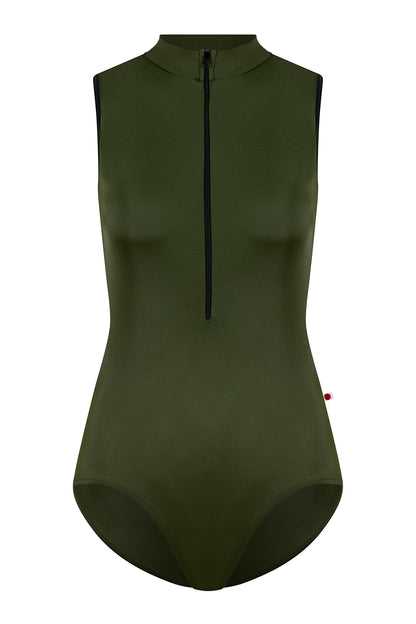 Jessica leotard in T-Jungle body color with Mesh Black top color and T-Black trim & zipper color