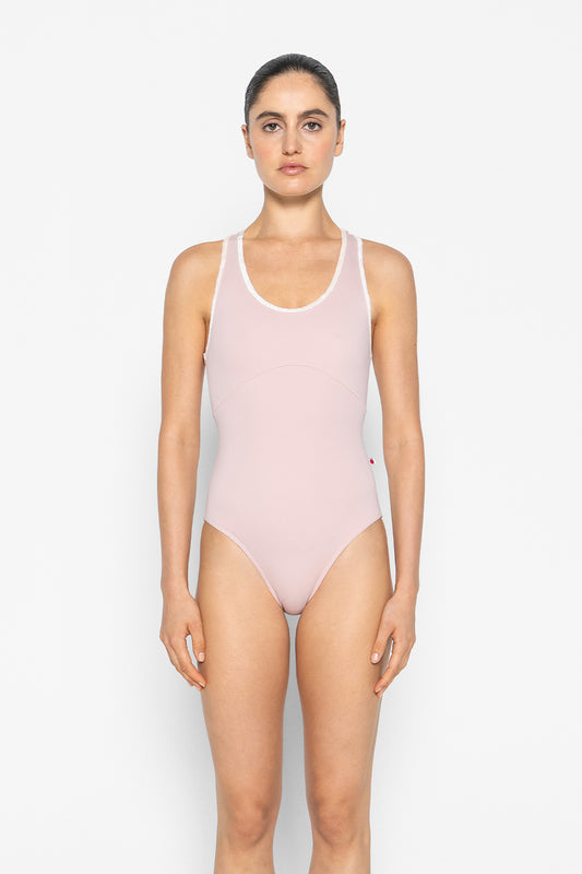 Laura Duo leotard in T-Petal body & tiop color with CV-Misty Rose trim color