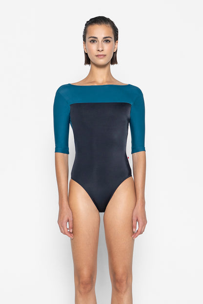 Olivia leotard in T-Black body color with T-Zenith top & trim color and half sleeves
