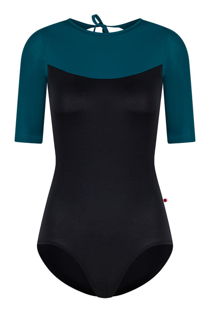 Olivia leotard in T-Black body color with T-Zenith top & trim color and half sleeves