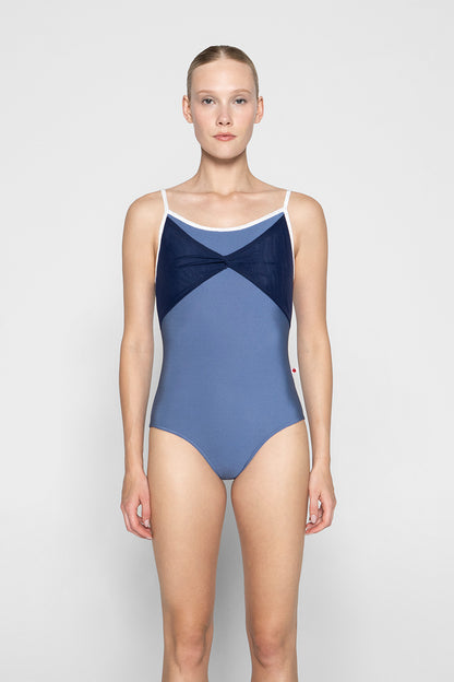 Kathy leotard in N-Arctic body color, CV-White trim color with Mesh Dark Blue overlay
