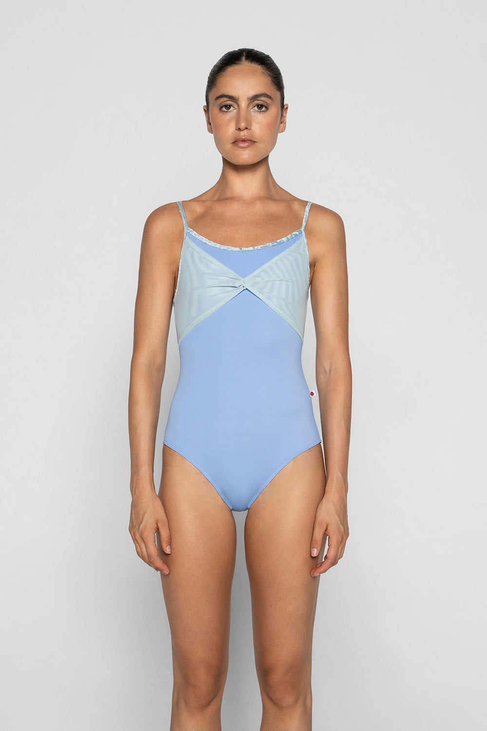 Kathy leotard in T-Paradise body color, CV-Ice trim color with Mesh Whisper overlay