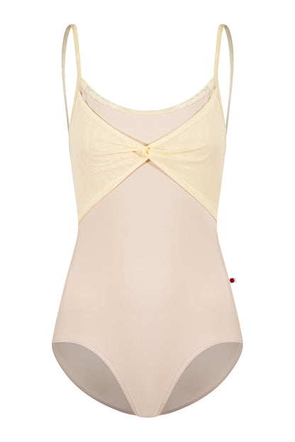 Kathy leotard in N-Pearl body color, CV-Vanilla trim color with Mesh Vanilla overlay