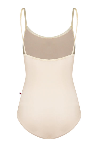 Kathy leotard in N-Pearl body color, CV-Vanilla trim color with Mesh Vanilla overlay