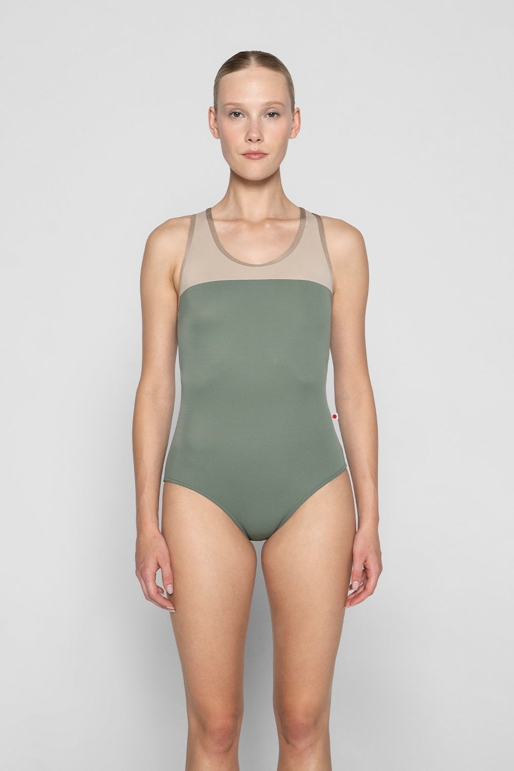 Erica leotard in T-Sage body color with T-Mosaic top color and N-Toffee trim color
