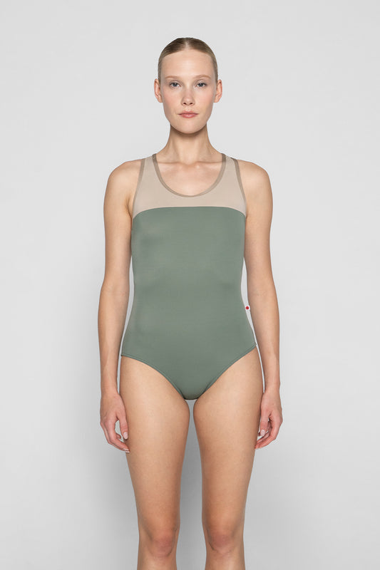 Erica leotard in T-Sage body color with T-Mosaic top color and N-Toffee trim color