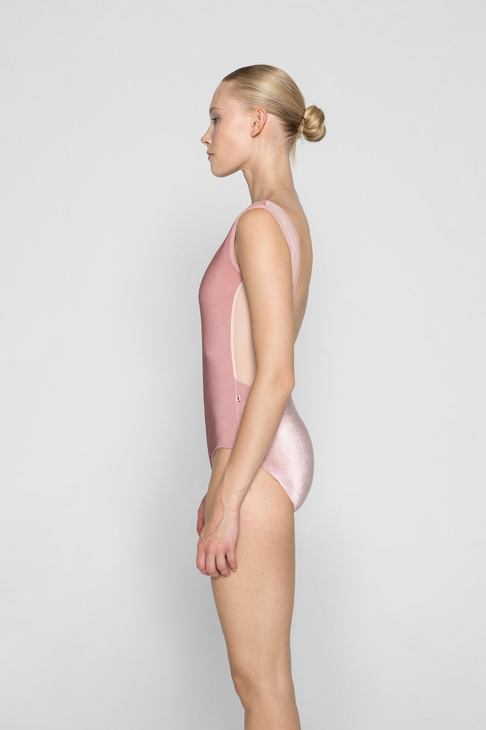 Gina mesh leotard in V-Dreamy body color with Mesh Blush top color and N-Antique Rose trim color