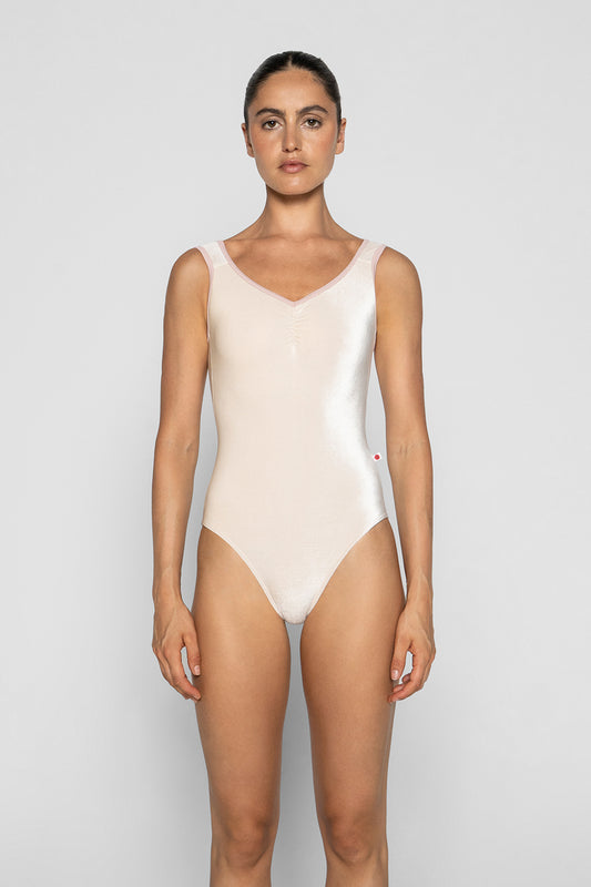 Tiffany leotard in V-Buttermilk body color with T-Petal trim color