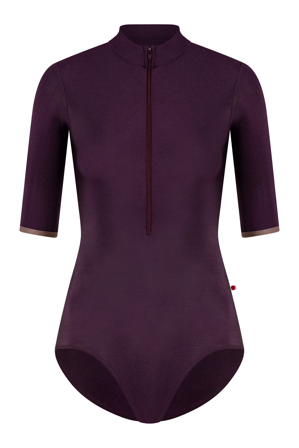 Charlotte leotard in N-Eggplant body color with N-Star trim color and half sleeves