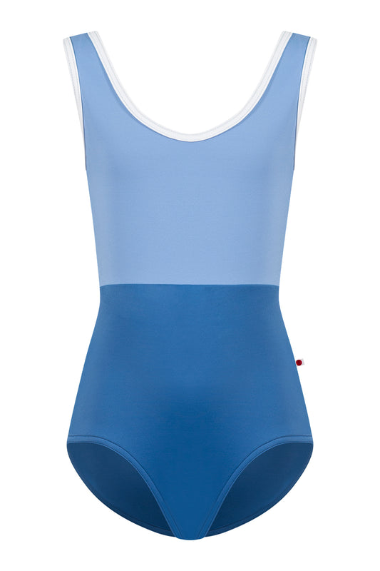 Kids Anna Duo leotard in T-Lapis body color with T-Paradise top color and T-White trim color