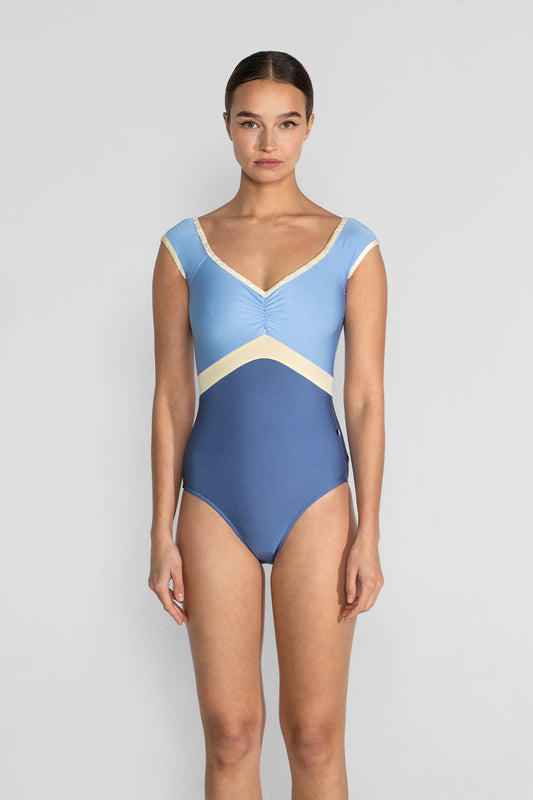 Elli Variation 1 leotard in N-Arctic body color with N-Moontide top color, CV-Vanilla trim color and T-Vanilla middle band color