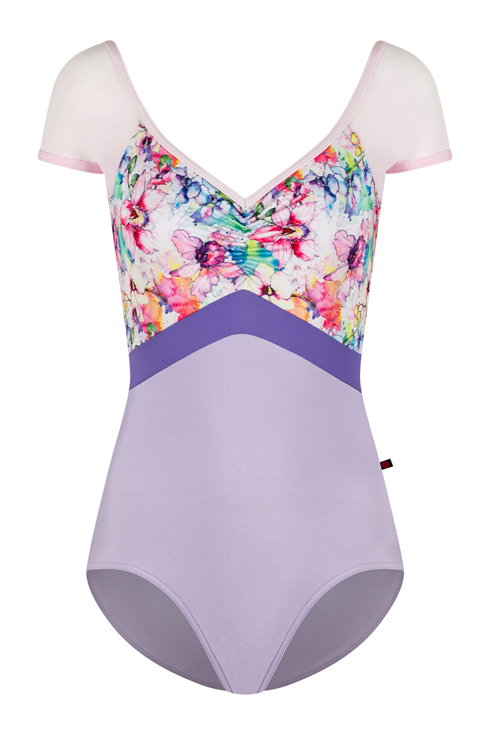 Elli Variation 1 Black Label leotard in N-Poem body color with Floral Print & Mesh Rose top color, N-Rose trim color and T-Wisteria middle band color