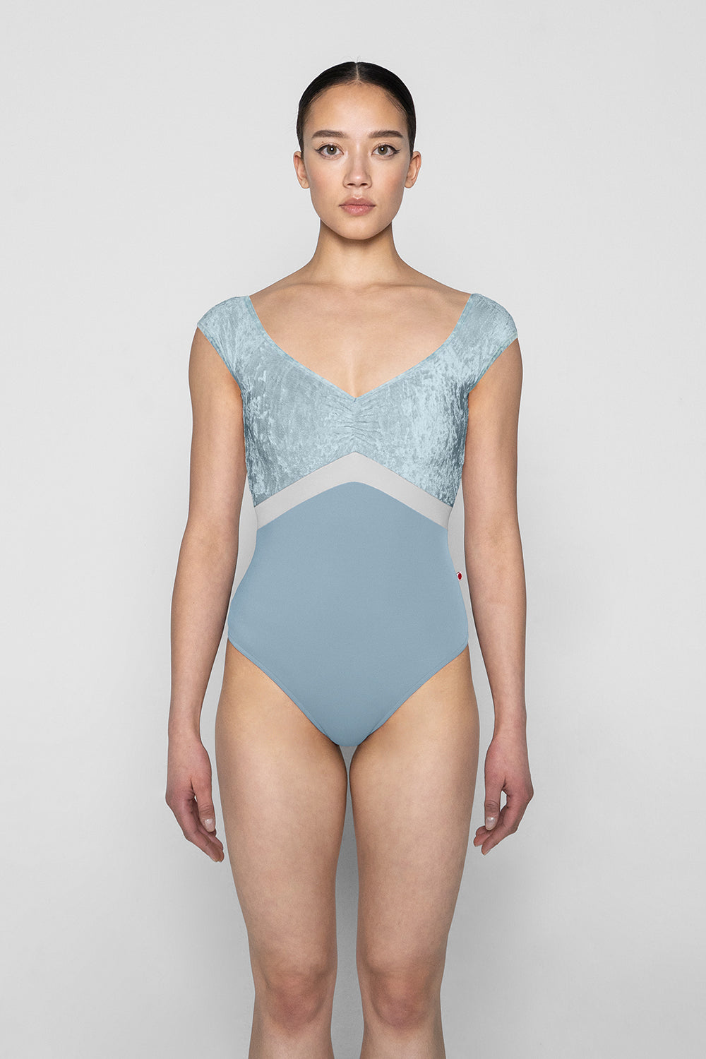 Elli Variation 1 leotard in T-Fog body color with CV-Ice top & trim color and N-Silver middle band color