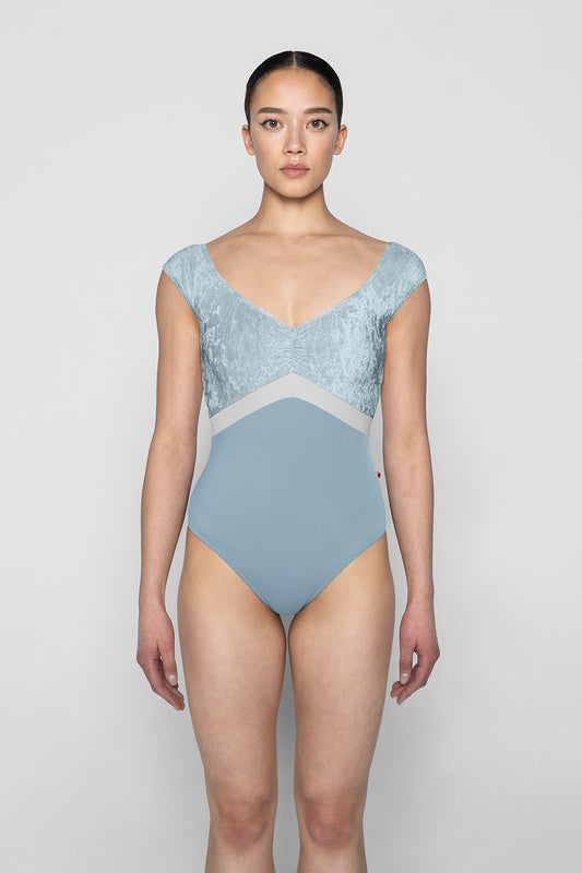 Elli Variation 1 leotard in T-Fog body color with CV-Ice top & trim color and N-Silver middle band color