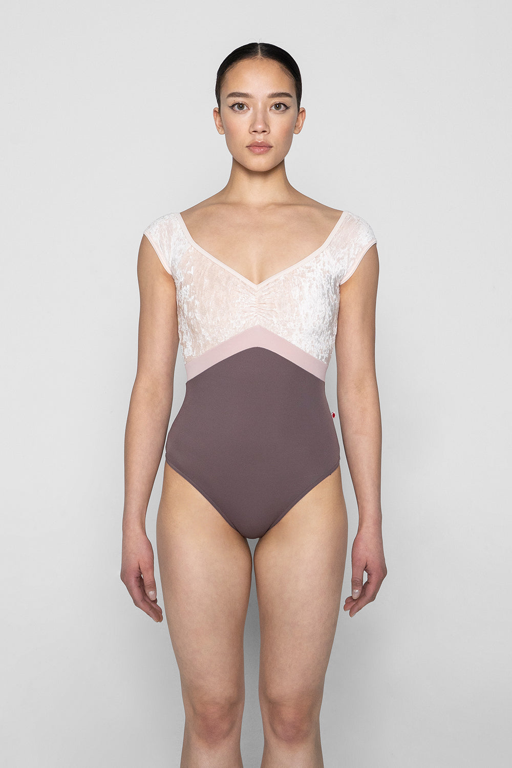 Elli Variation 1 leotard in T-Phantom body color with CV-Misty Rose top color, T-Misty Rose trim color and T-Petal middle band color