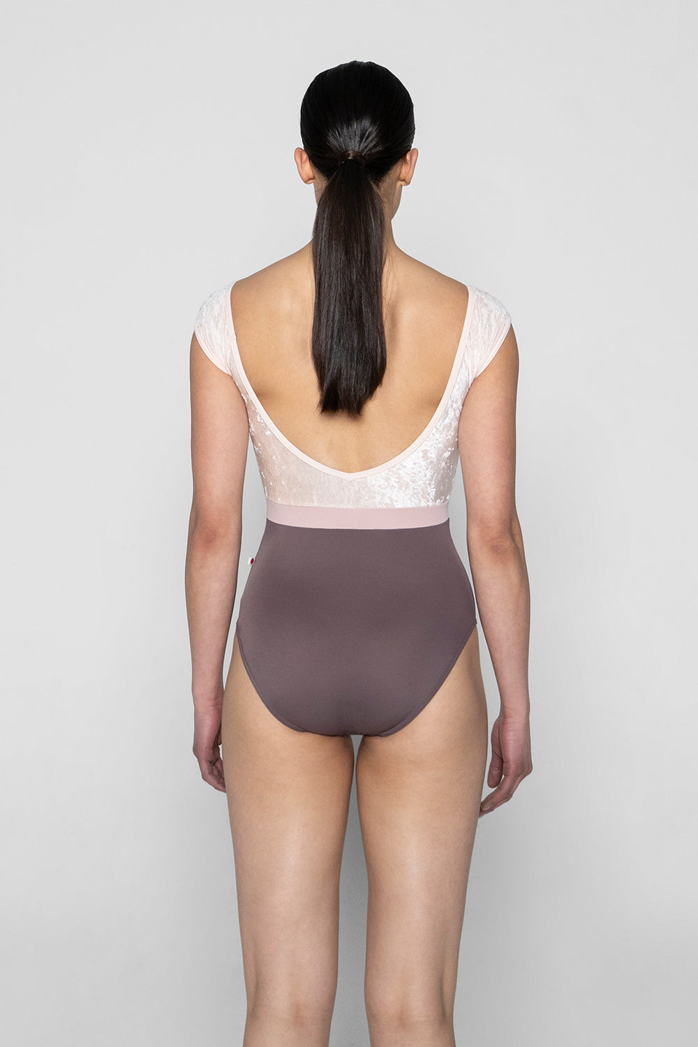 Elli Variation 1 leotard in T-Phantom body color with CV-Misty Rose top color, T-Misty Rose trim color and T-Petal middle band color