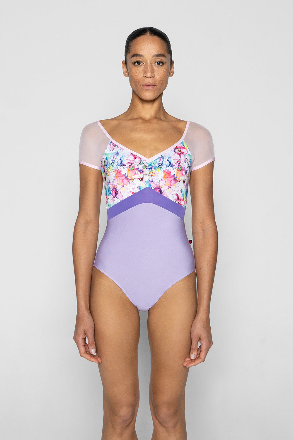 Elli Variation 1 Black Label leotard in N-Poem body color with Floral Print & Mesh Rose top color, N-Rose trim color and T-Wisteria middle band color