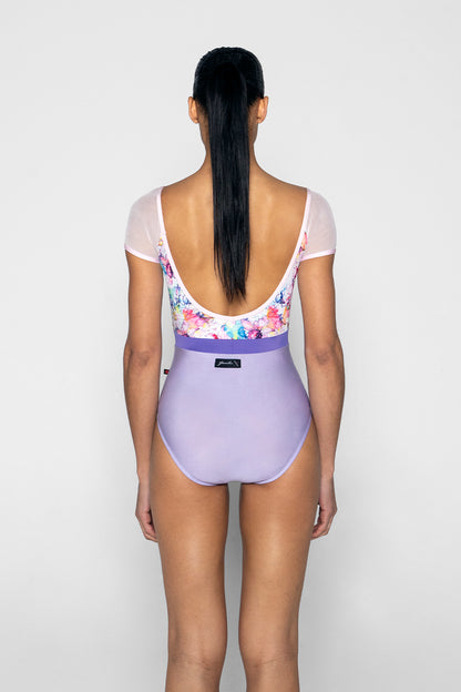 Elli Variation 1 Black Label leotard in N-Poem body color with Floral Print & Mesh Rose top color, N-Rose trim color and T-Wisteria middle band color