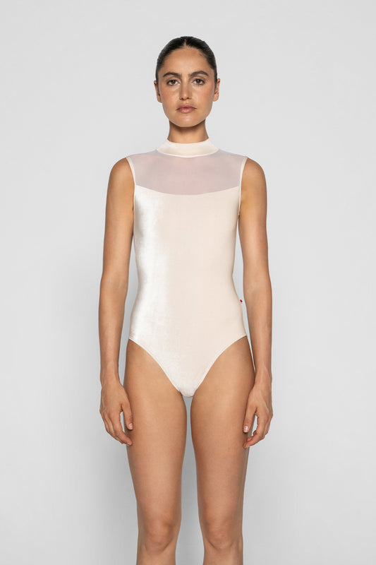 Camila leotard in V-Buttermilk body color with Mesh White top color and N-Pearl trim color