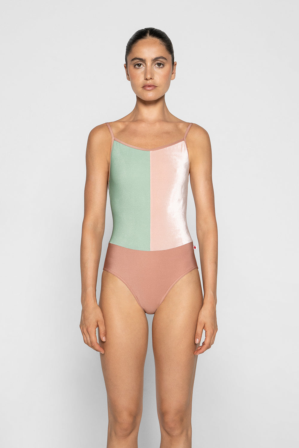 Kayoko leotard in N-Rosewood boyd & trim color with V-Meadow right panel color and V-Blush left panel color