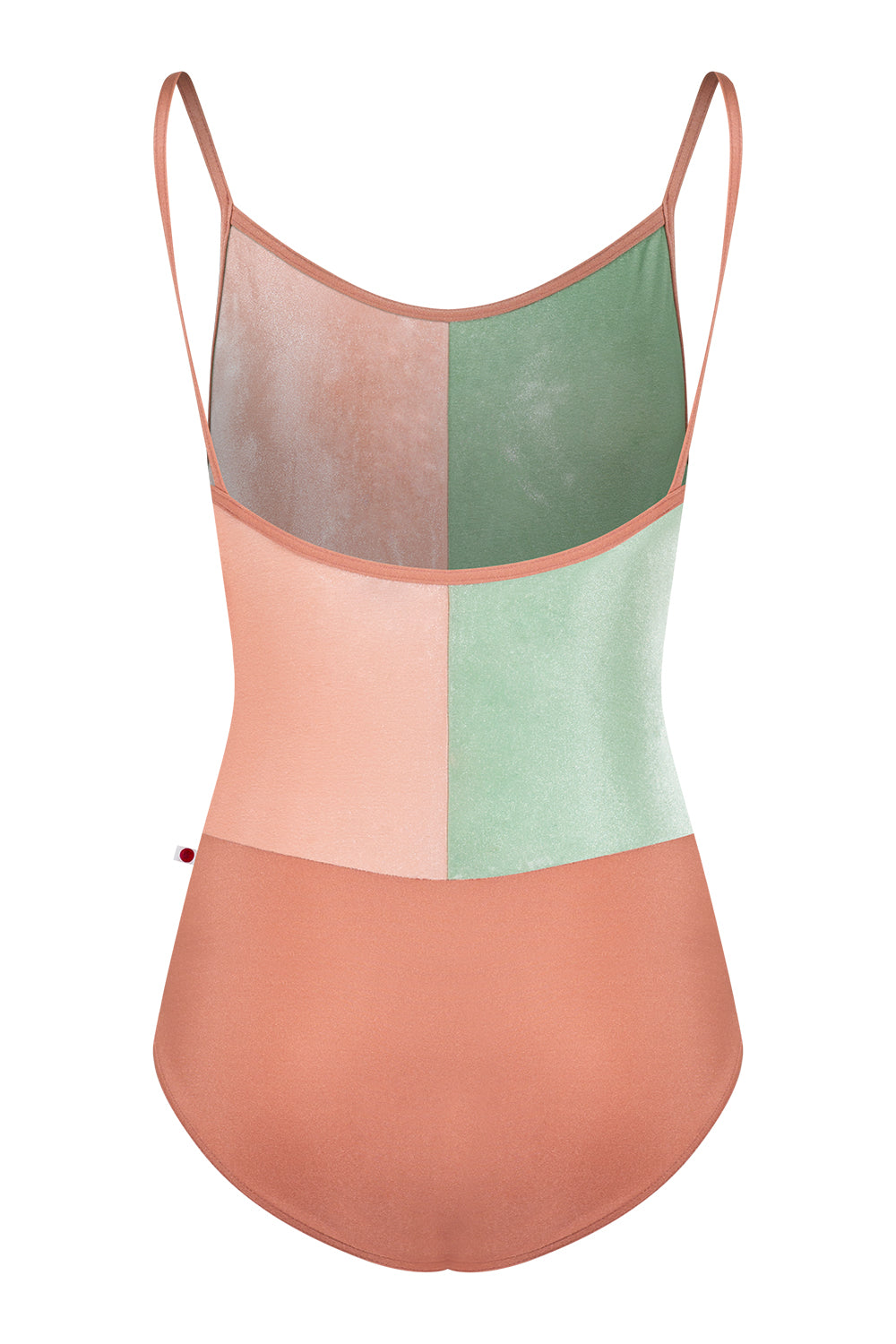 Kayoko leotard in N-Rosewood boyd & trim color with V-Meadow right panel color and V-Blush left panel color
