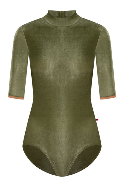 Kumiko leotard in V-Safari body color & half sleeves and T-Sepia trim color