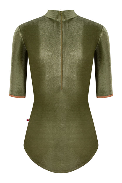 Kumiko leotard in V-Safari body color & half sleeves and T-Sepia trim color