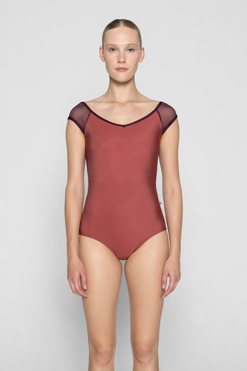 Nina leotard in N-Fox body color with Mesh Opera top color & cap sleeves and N-Opera trim color