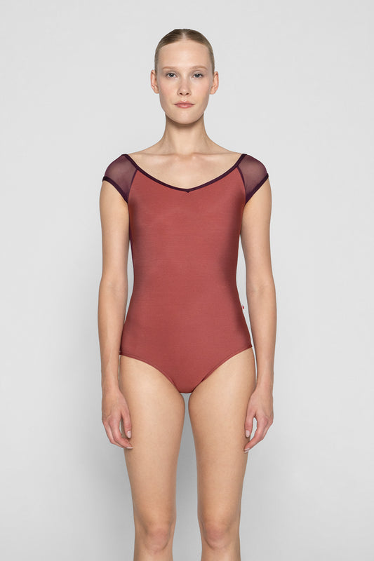 Nina leotard in N-Fox body color with Mesh Opera top color & cap sleeves and N-Opera trim color