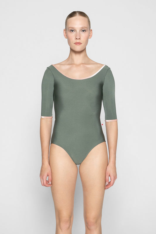 Veronique leotard in N-Sage body color & half sleeves with V-Blush trim color