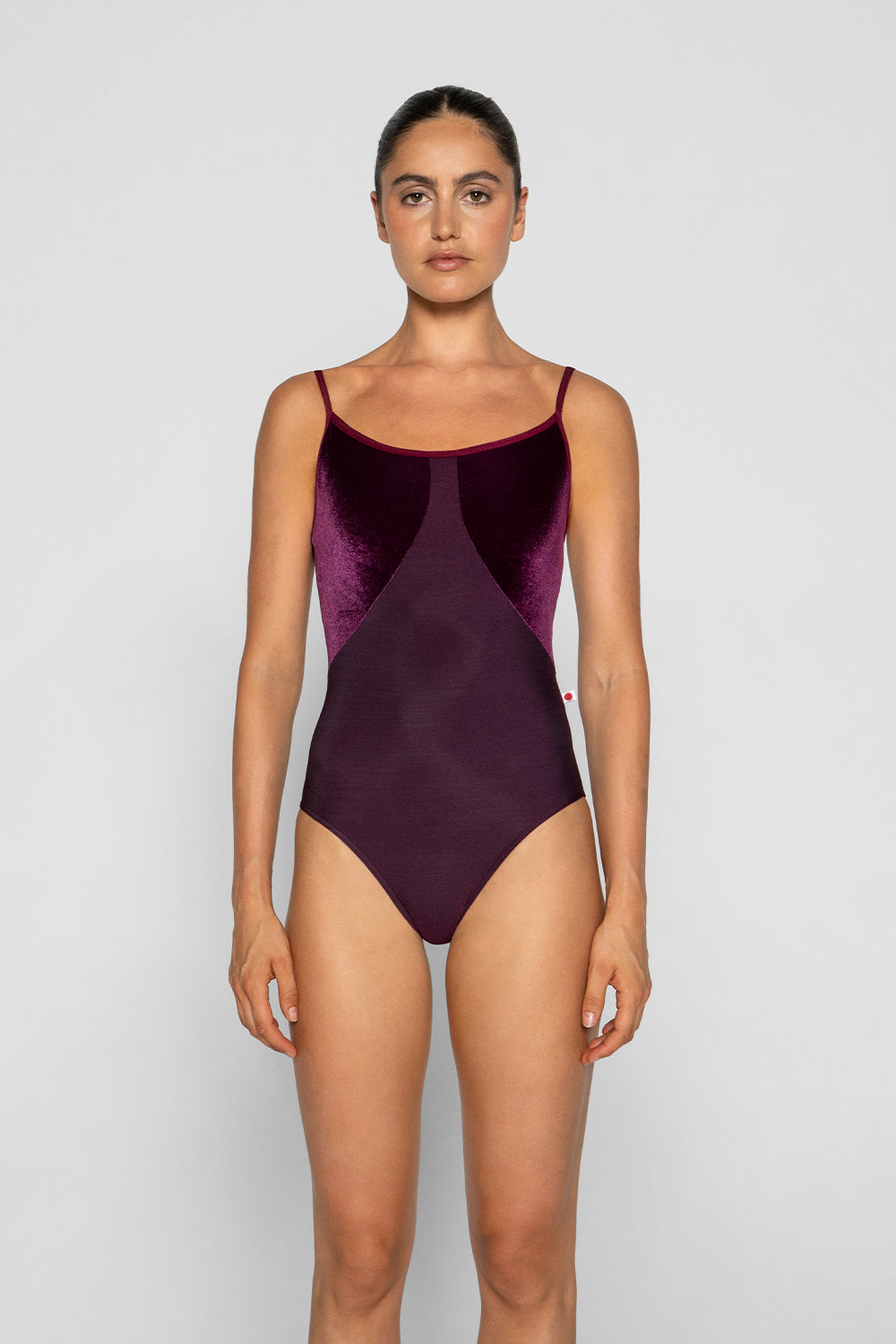 Amanda leotard in N-Opera body color with V-Roxy top color and N-Burgundy trim color