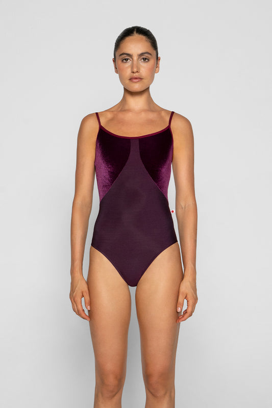Amanda leotard in N-Opera body color with V-Roxy top color and N-Burgundy trim color