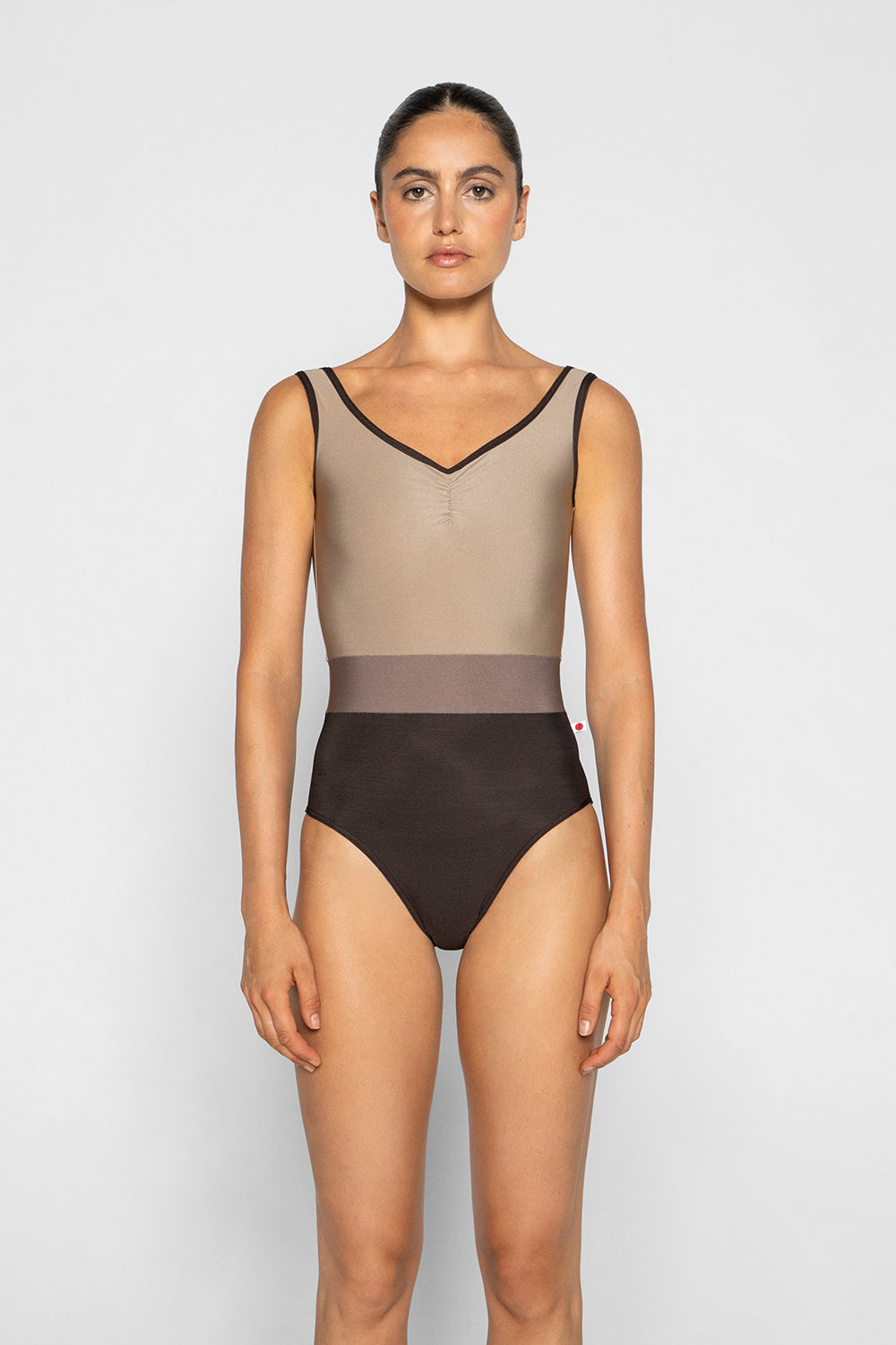Lucy leotard in N-Espresso body color with N-Toffee top color, N-Star middle band color and N-Espresso trim color