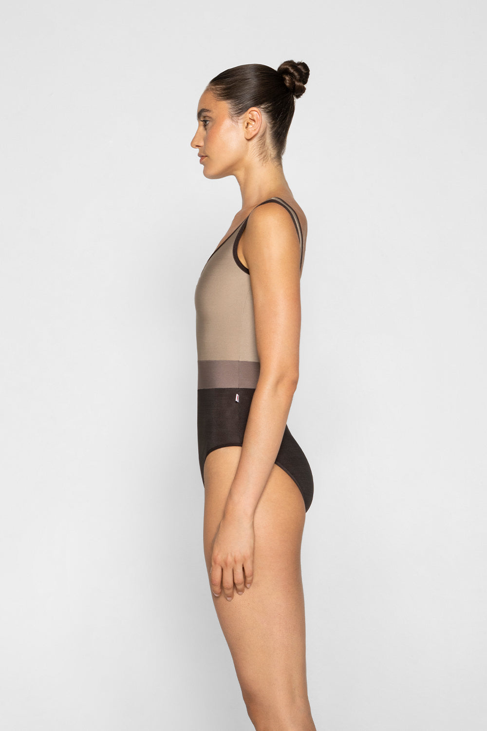 Lucy leotard in N-Espresso body color with N-Toffee top color, N-Star middle band color and N-Espresso trim color