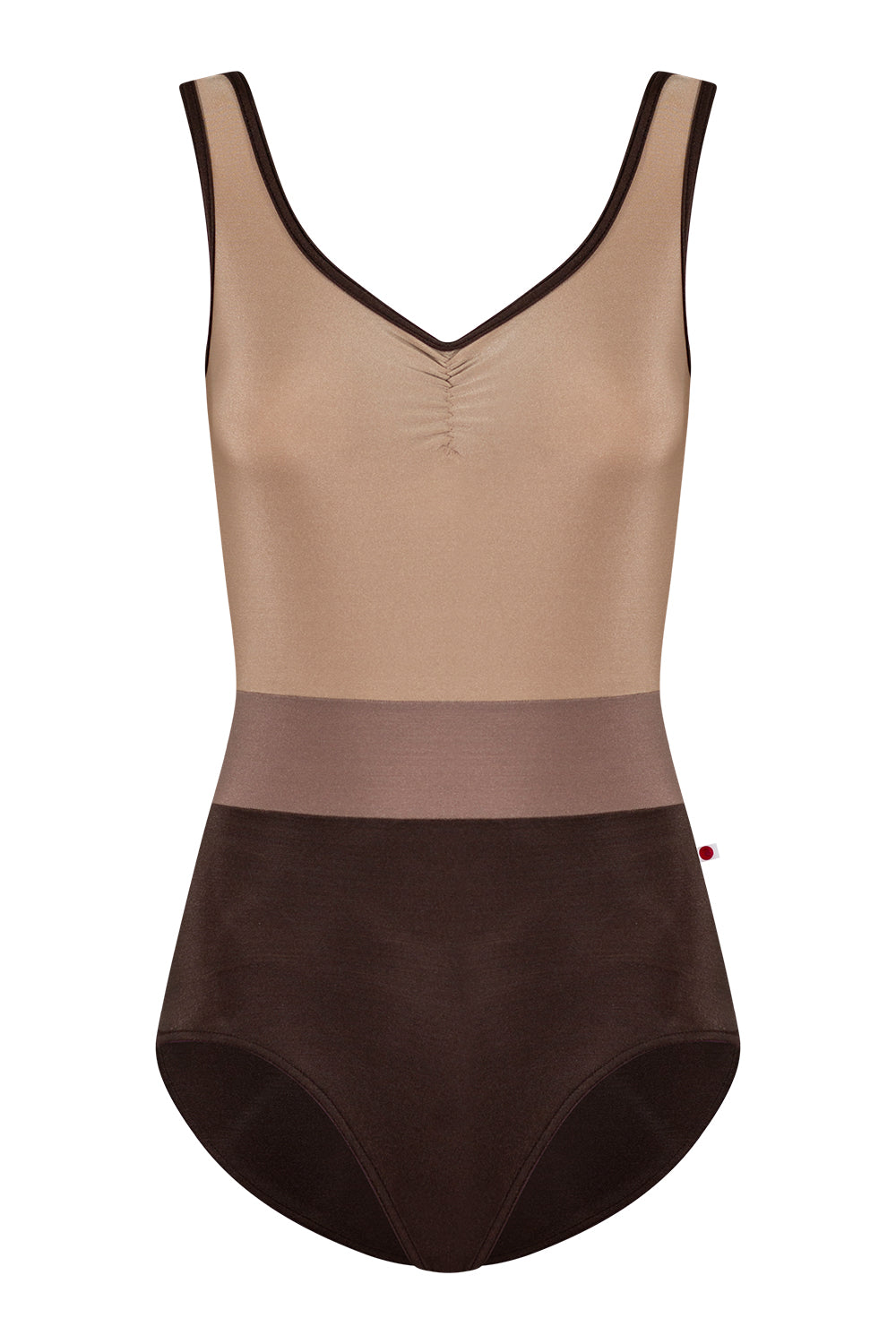 Lucy leotard in N-Espresso body color with N-Toffee top color, N-Star middle band color and N-Espresso trim color