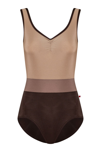 Lucy leotard in N-Espresso body color with N-Toffee top color, N-Star middle band color and N-Espresso trim color