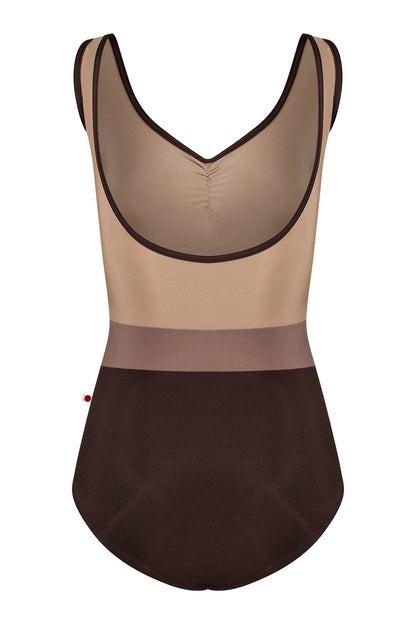 Lucy leotard in N-Espresso body color with N-Toffee top color, N-Star middle band color and N-Espresso trim color