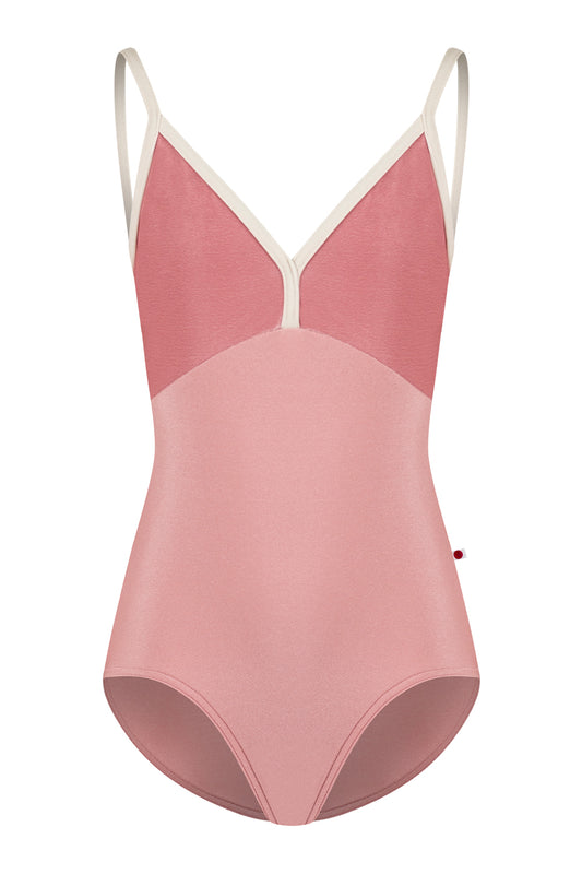 Kids Daria leotard in N-Antique Rose body color with V-Dreamy top color and N-Pearl trim color